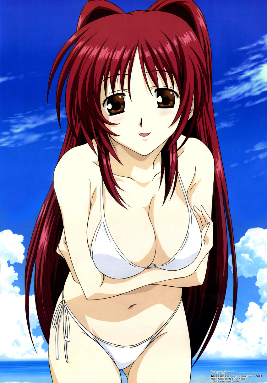 :d absurdres bangs bikini blush breast_hold breast_squeeze breasts brown_eyes cleavage cloud crossed_arms day hair_intakes highres kousaka_tamaki large_breasts leaning_forward long_hair looking_at_viewer megami navel nishio_kouhaku ocean official_art open_mouth outdoors parted_bangs red_hair scan side-tie_bikini sideboob sidelocks sky smile solo standing string_bikini swimsuit to_heart_2 very_long_hair water white_bikini