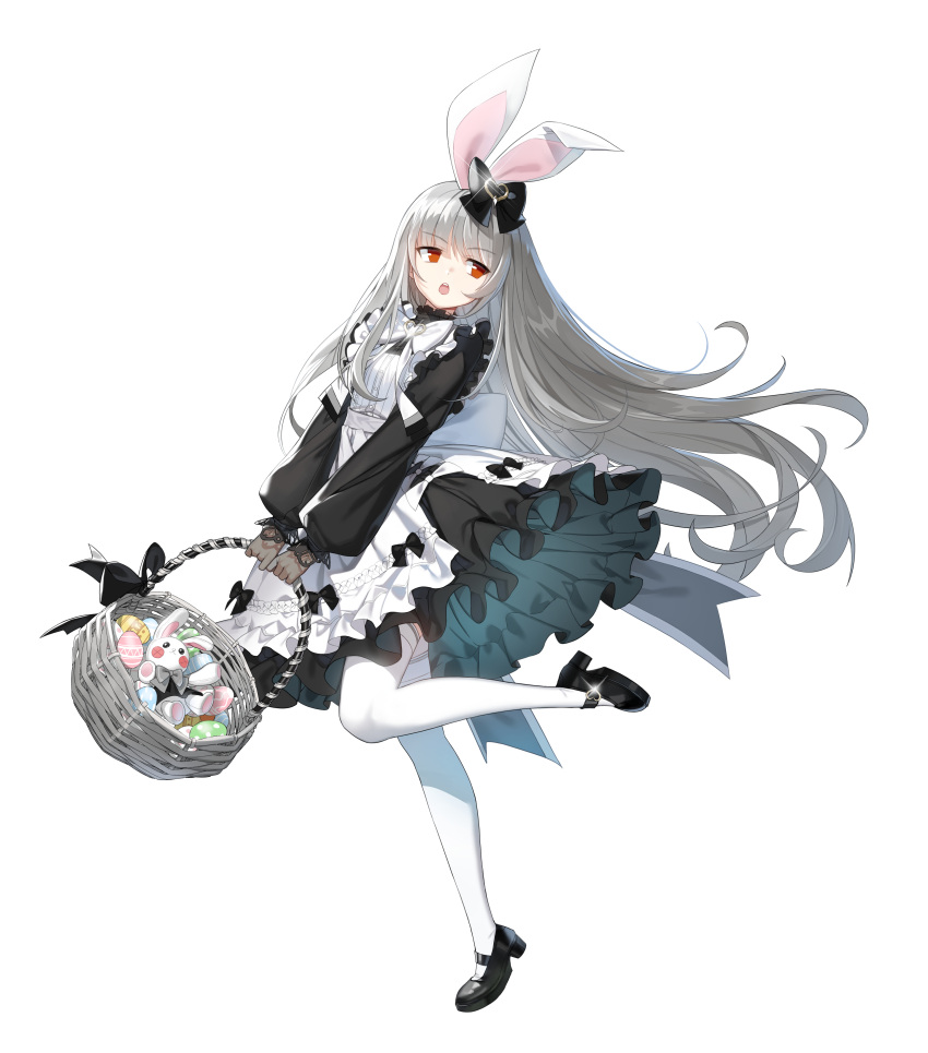 1girl :o absurdres animal_ears apron back_bow basket black_bow black_dress black_footwear bow closers dress easter_egg egg fake_animal_ears foot_up frilled_apron frilled_dress frills from_side full_body gloves grey_gloves grey_hair hair_bow highres holding holding_basket long_hair long_sleeves looking_to_the_side mary_janes official_art puffy_long_sleeves puffy_sleeves rabbit_ears red_eyes shoes short_dress solo standing standing_on_one_leg stuffed_animal stuffed_bunny stuffed_toy tachi-e teeth thighhighs tina_(closers) upper_teeth_only v-shaped_eyebrows very_long_hair white_apron white_background white_bow white_thighhighs