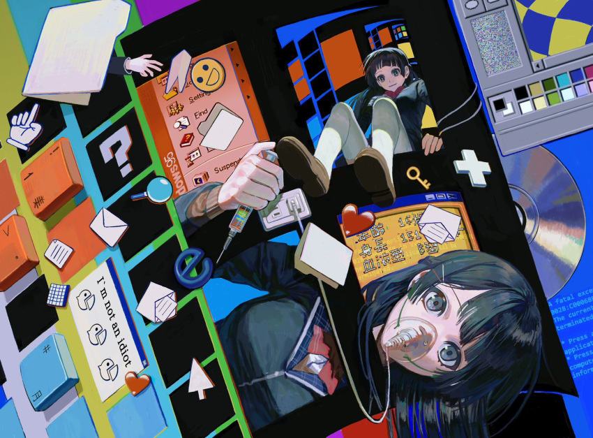 2girls bangs black_eyes black_hair black_jacket blazer blue_screen_of_death blunt_bangs bow bowtie clone closed_mouth disembodied_limb electrical_outlet english_text folder hair_ornament hairclip hand_up heart highres hime_cut holding holding_syringe icon_(computing) ikuta41 jacket keyboard_(computer) loafers long_hair looking_at_viewer looking_down mouse_pointer mspaint_(software) multiple_girls nijisanji pink_bow pink_bowtie respirator school_uniform shoes sideways sitting smile syringe thighhighs tsukino_mito white_thighhighs window_(computing) windows_95 windows_logo