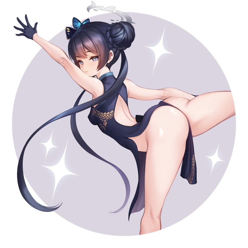 1girl ass bent_over black_dress black_gloves black_hair blue_archive breasts butterfly_hair_ornament china_dress chinese_clothes closed_mouth double_bun dragon_print dress from_side gloves grey_eyes hair_bun hair_ornament halo highres kisaki_(blue_archive) long_hair looking_at_viewer looking_to_the_side no_panties outstretched_arm pelvic_curtain print_dress sleeveless sleeveless_dress small_breasts solo spread_legs standing standing_on_one_leg toriseru_(thesuperhero) twintails very_long_hair