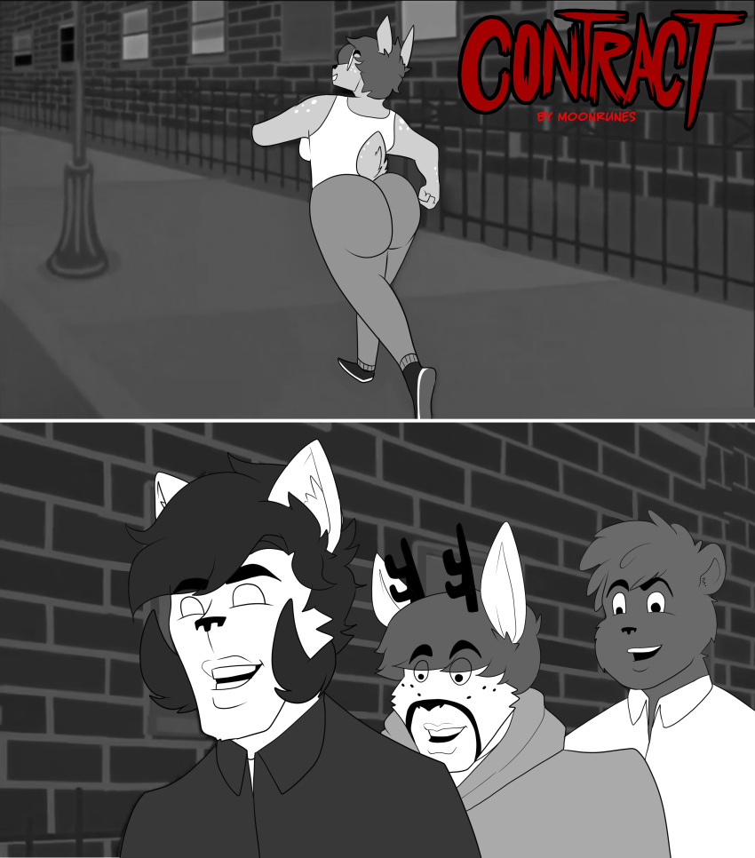 absurd_res anthro antlers bear beverly_(moonrunes) big_butt brick_wall butt canid canine canis contract_(moonrunes) deer female fence group hi_res horn justin_(moonrunes) male mammal marcus_(moonrunes) meme moonrunes traced wall_(structure) wolf xenny_(moonrunes)