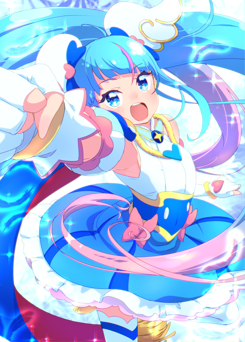 1girl ahoge arm_up armpits bangs blue_cape blue_dress blue_eyes blue_hair cape cure_sky detached_sleeves dress fingerless_gloves frilled_dress frills gloves hair_ornament highres hirogaru_sky!_precure long_hair looking_at_viewer magical_girl multicolored_cape multicolored_clothes multicolored_hair open_mouth petticoat pink_hair precure puffy_detached_sleeves puffy_sleeves red_cape solo sora_harewataru striped striped_dress sw_(taco) thighhighs twintails vertical-striped_dress vertical_stripes very_long_hair white_gloves white_thighhighs