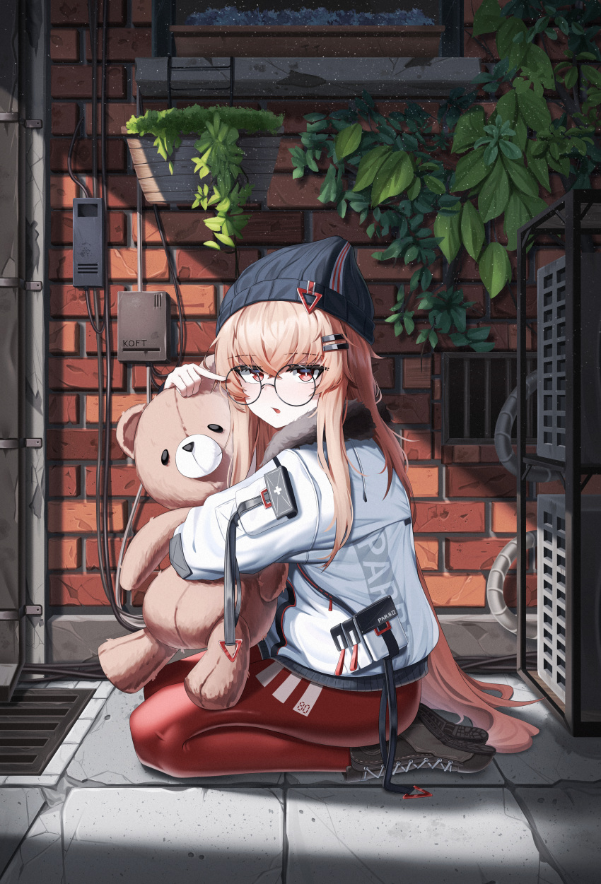 1girl absurdres air_conditioner beanie black_footwear black_headwear boots brick_wall brown_hair di_le_to from_side full_body girls'_frontline glasses gutter hair_ornament hairclip hat highres jacket knee_boots long_hair long_sleeves looking_at_viewer looking_to_the_side object_hug open_mouth outdoors pants plant potted_plant red_eyes red_pants round_eyewear seiza sitting solo stone_floor stuffed_animal stuffed_toy teddy_bear type_80_(girls'_frontline) very_long_hair white_jacket yoga_pants