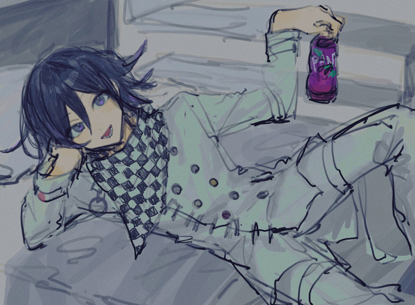 1boy :d bangs bottle buttons checkered_clothes checkered_scarf danganronpa_(series) danganronpa_v3:_killing_harmony double-breasted fanta grey_jacket grey_pants hand_up holding holding_bottle jacket knee_up long_sleeves lower_teeth_only lying medium_hair messy_hair on_side ouma_kokichi pants scarf sketch smile solo teeth ze_ro_saiji