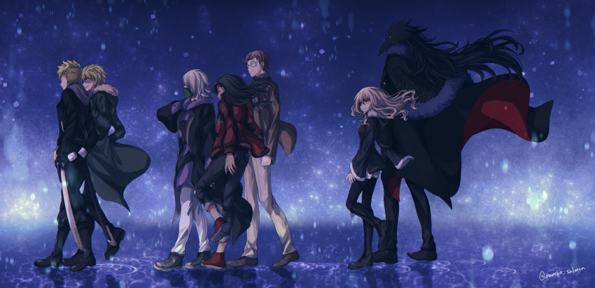 2girls 5boys absurdres agatha_flattz animal_head anti-eyebrow_piercing bandana bandana_over_mouth black_coat black_hair black_skin black_suit blonde_hair boots brothers brown_hair cape caron_(higyaku_no_noel) coat colored_skin dark-skinned_female dark_skin eyepatch formal fugo_dressel fur-trimmed_cape fur-trimmed_coat fur-trimmed_jacket fur_trim glasses hair_over_one_eye highres higyaku_no_noel hood hoodie jacket lauro_maestri light_purple_hair long_hair multicolored_hair multiple_boys multiple_girls nanoko necktie noel_cerquetti oscar_dressel purple_hair scarf severed_arm severed_limb short_hair siblings smile streaked_hair suit vest winter_clothes winter_coat zoe_taska