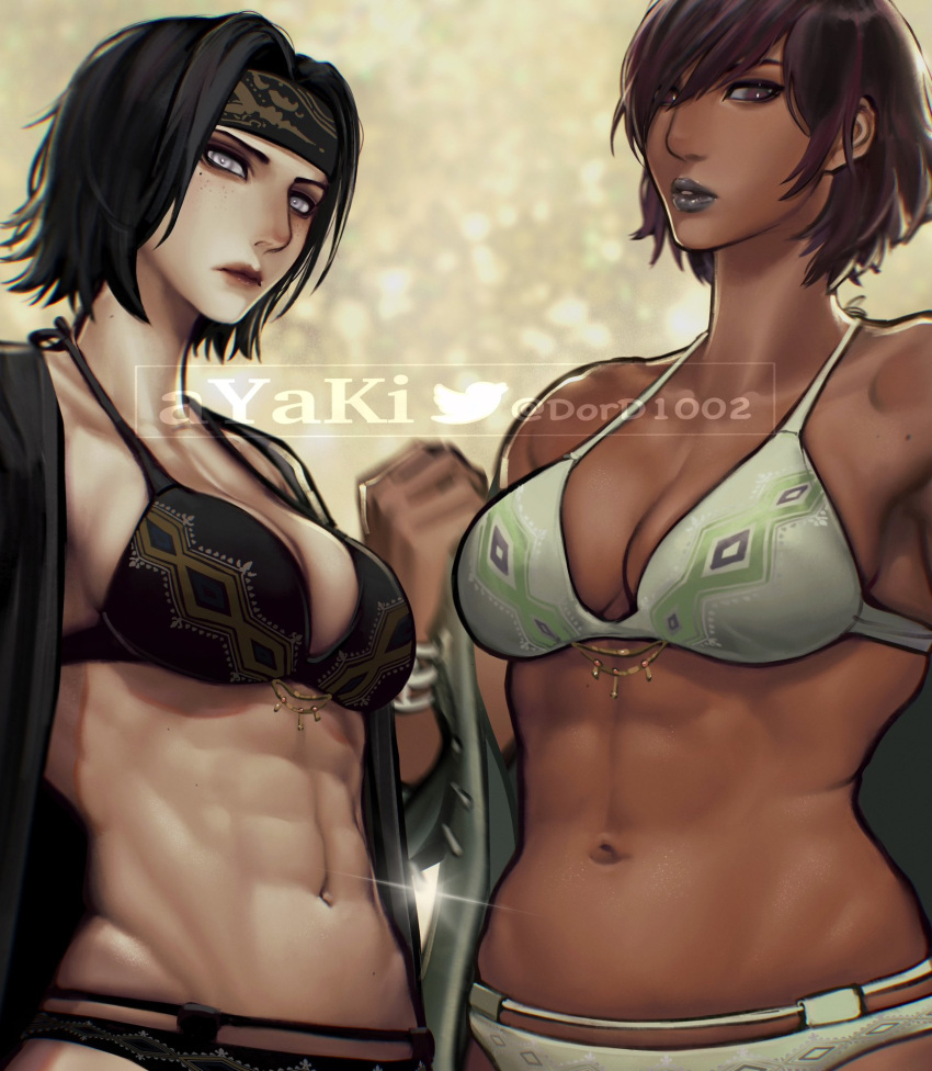 2girls abs armpits avatar_(ff14) ayaki_d bangs bikini black_hair breasts cleavage closed_mouth collarbone commission dark-skinned_female dark_skin expressionless final_fantasy final_fantasy_xiv freckles hair_over_one_eye halterneck headband highres large_breasts lips lipstick looking_at_viewer makeup mole mole_under_eye multicolored_hair multiple_girls navel open_clothes open_shirt pale_skin parted_bangs parted_lips purple_eyes purple_hair purple_lips roegadyn short_hair skindentation stomach swimsuit twitter_username two-tone_hair undressing upper_body watermark