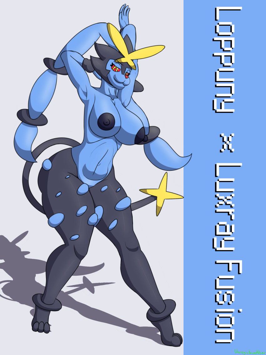 absurd_res anthro areola big_breasts blue_areola blue_nipples breasts dark_areola english_text feet female fusion generation_4_pokemon hand_behind_head hi_res luxray mega_evolution mega_lopunny multicolored_body nintendo nipples pokemon pokemon_(species) pokemon_fusion raised_arm red_nose red_sclera shaded shadow simple_background solo text thick_thighs unregistereduser wide_hips