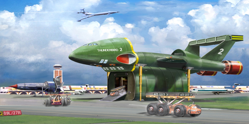 aircraft airplane airport bal-0 blue_sky cloud cloudy_sky contrail control_tower elevator_cars fireflash flying grass ground_vehicle highres machinery no_humans outdoors runway scenery science_fiction sky still_life thunderbird_1 thunderbird_2 thunderbirds_(series)