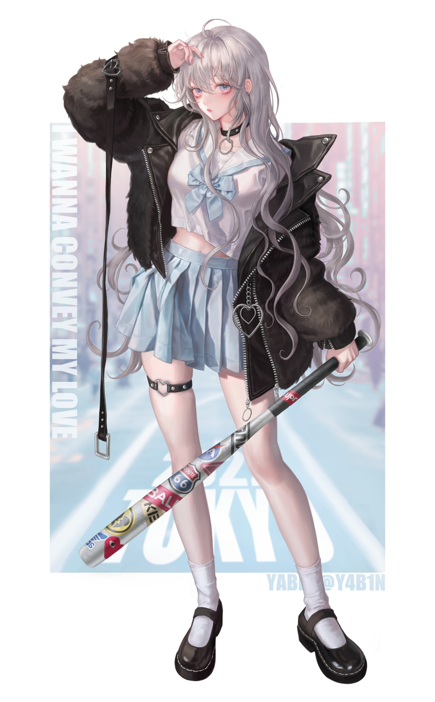 1girl absurdres arm_belt arm_up artist_name baseball_bat blue_eyes blue_skirt border choker english_text full_body fur_jacket grey_hair hair_between_eyes highres holding holding_baseball_bat jacket korean_commentary leather_choker looking_at_viewer mary_janes original outside_border pink_nails school_uniform shoes skirt socks solo thigh_strap white_border white_socks yabin