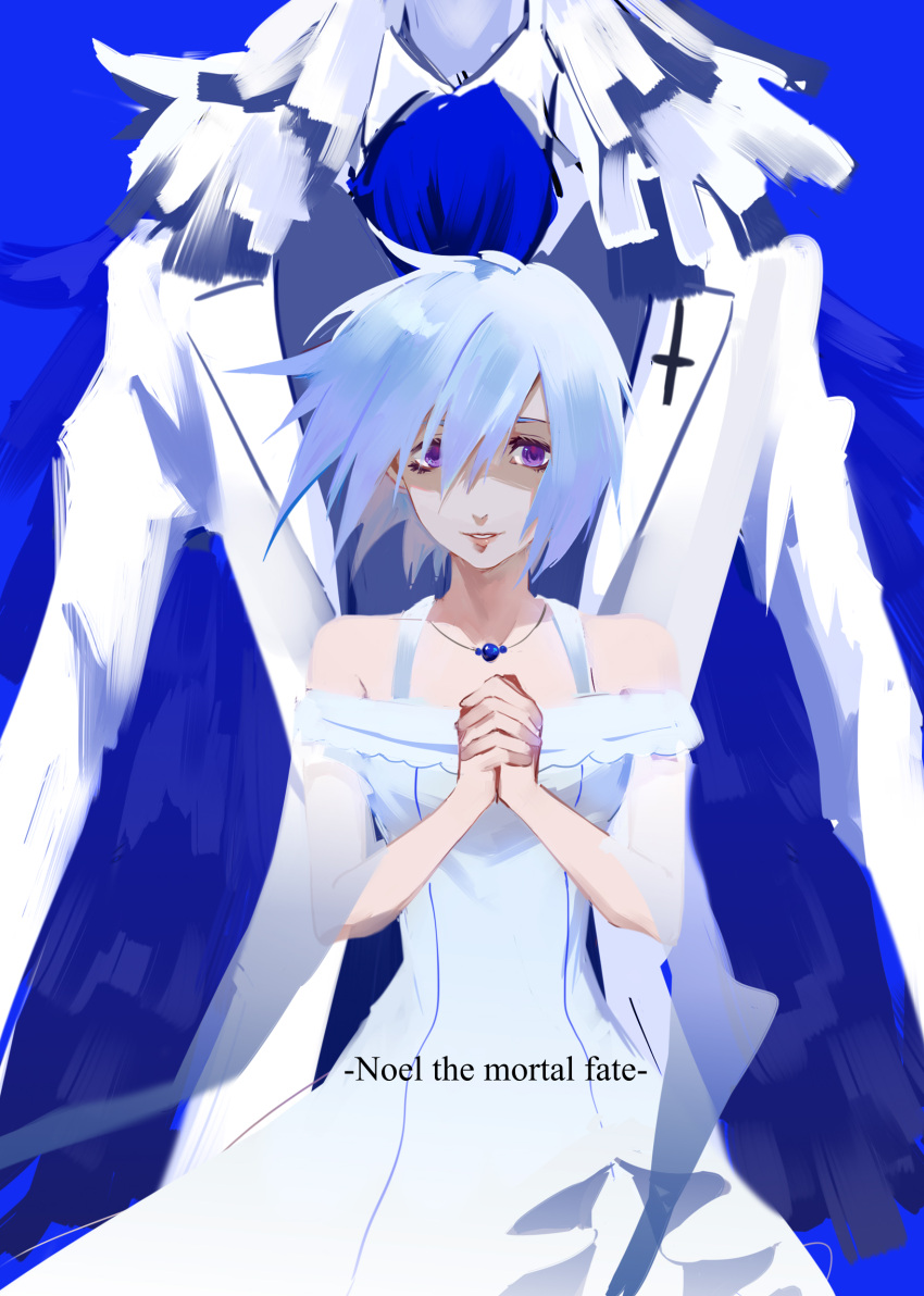 1boy 1girl absurdres blue_hair caesar_(higyaku_no_noel) colored_skin dress formal gillian_littner highres higyaku_no_noel jewelry light_blue_hair necklace off-shoulder_dress off_shoulder own_hands_clasped own_hands_together purple_eyes short_hair smile suit white_dress white_skin white_suit