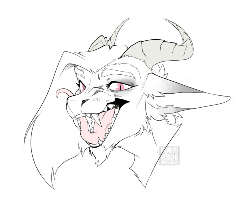 2022 alen_(saren662) anthro beard dragon facial_hair fangs fur furred_dragon hi_res horn inner_ear_fluff kaurimoon licking licking_lips licking_own_lips long_tongue looking_at_viewer male open_mouth pink_eyes self_lick smile solo teeth tongue tongue_out tuft