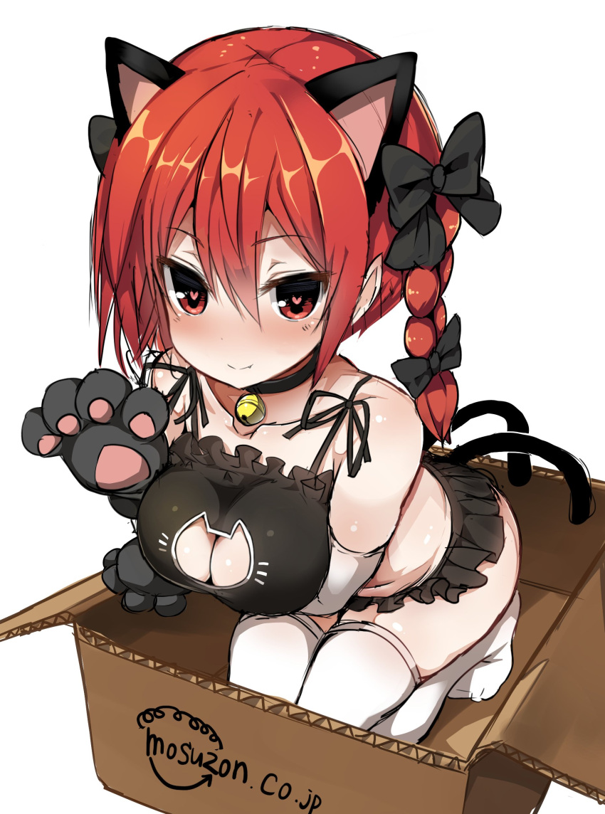 1girl absurdres animal_ears animal_hands bangs bell black_bow black_choker bow box braid brand_name_imitation breasts cardboard_box cat_cutout cat_ears cat_paws cat_tail choker cleavage_cutout closed_mouth clothing_cutout commentary_request extra_ears fang fang_out full_body greatmosu hair_bow heart heart-shaped_pupils highres kaenbyou_rin large_breasts looking_at_viewer medium_hair multiple_tails navel neck_bell nekomata red_eyes red_hair seiza side_braids simple_background sitting smile solo symbol-shaped_pupils tail thighhighs touhou twin_braids two_tails white_background white_thighhighs