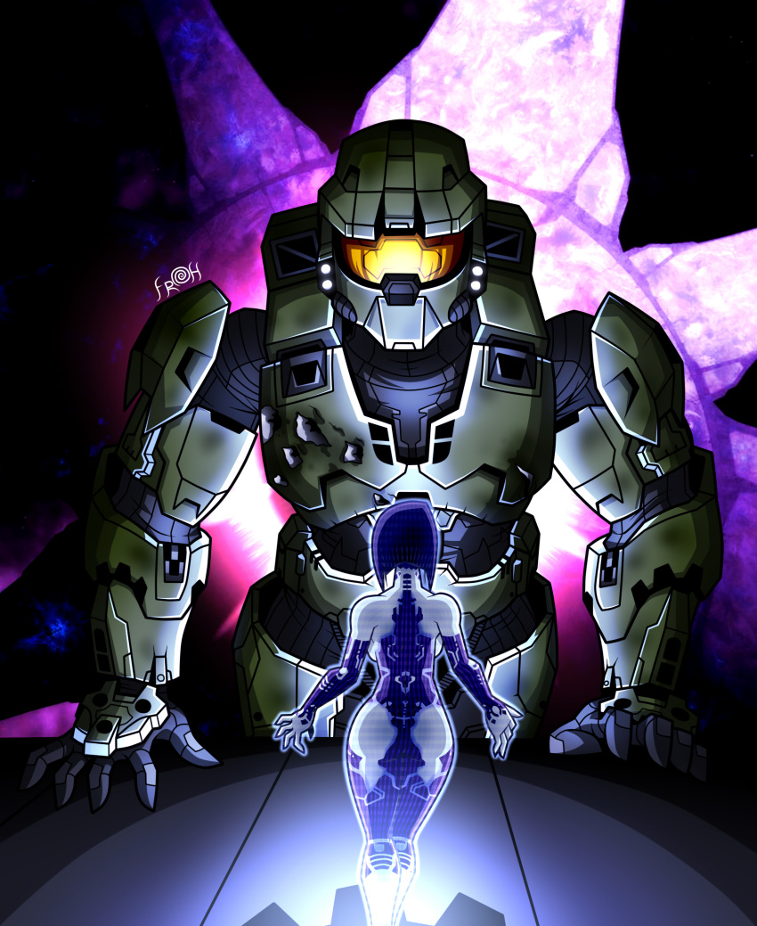 1girl 2007 ass back believe_again blue_eyes breasts campaign_girl cortana game_console halo halo_(artist) halo_(series) halo_3 halo_infinite highres master_chief microsoft non-web_source pocket_waifu power_armor science_fiction thighhighs video_game xbox xbox_360 xbox_one xbox_series_x