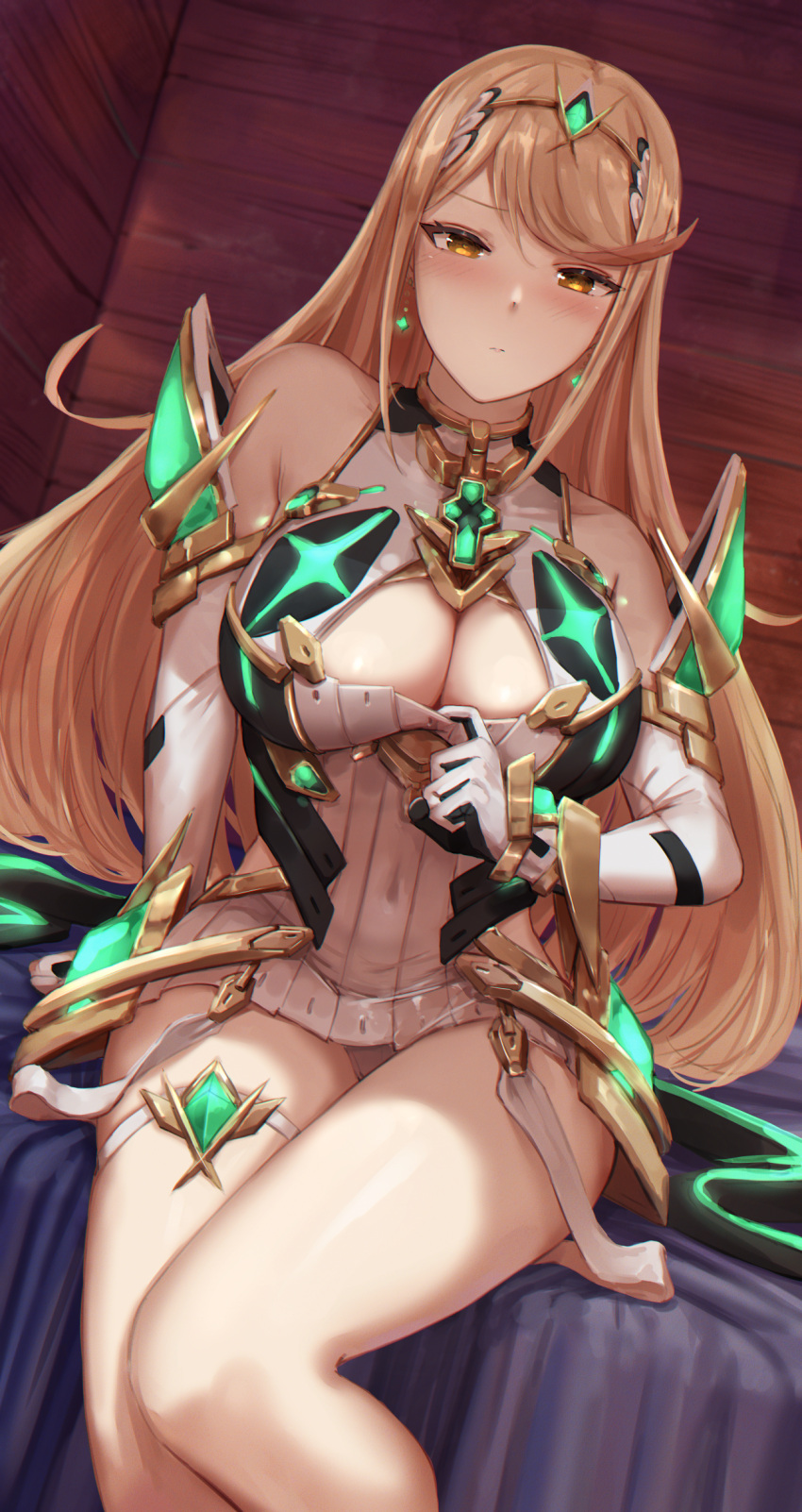 1girl bangs bare_legs bare_shoulders blonde_hair blush breasts chest_jewel cleavage cleavage_cutout clothing_cutout dress earrings elbow_gloves gloves headpiece highres ippers jewelry large_breasts long_hair looking_at_viewer mythra_(xenoblade) panties solo swept_bangs thigh_strap tiara underwear very_long_hair white_dress white_gloves white_panties xenoblade_chronicles_(series) xenoblade_chronicles_2 yellow_eyes