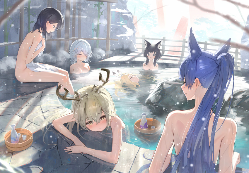 &gt;:) 6+girls :d absurdres animal_ear_fluff animal_ears antlers bamboo bangs black_hair blonde_hair blue_hair blurry blurry_foreground blush branch brown_eyes character_request choko_(cup) closed_eyes closed_mouth commentary_request covering cup day depth_of_field echocalypse eriri_(echocalypse) grey_hair hair_between_eyes hair_over_one_eye hidulume highres long_hair multiple_girls nude nude_cover onsen parted_lips partially_submerged ponytail railing smile snow snowing sova_(echocalypse) tokkuri v-shaped_eyebrows very_long_hair