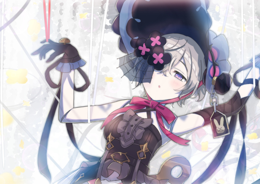 1girl android arms_up bangs black_gloves dragalia_lost dress gloves gothic_lolita grey_hair hair_between_eyes halloween_costume hat joints laxi_(dragalia_lost) lolita_fashion looking_at_viewer official_alternate_costume one_eye_covered osakilo parted_lips purple_eyes robot_joints short_hair sleeveless sleeveless_dress solo upper_body