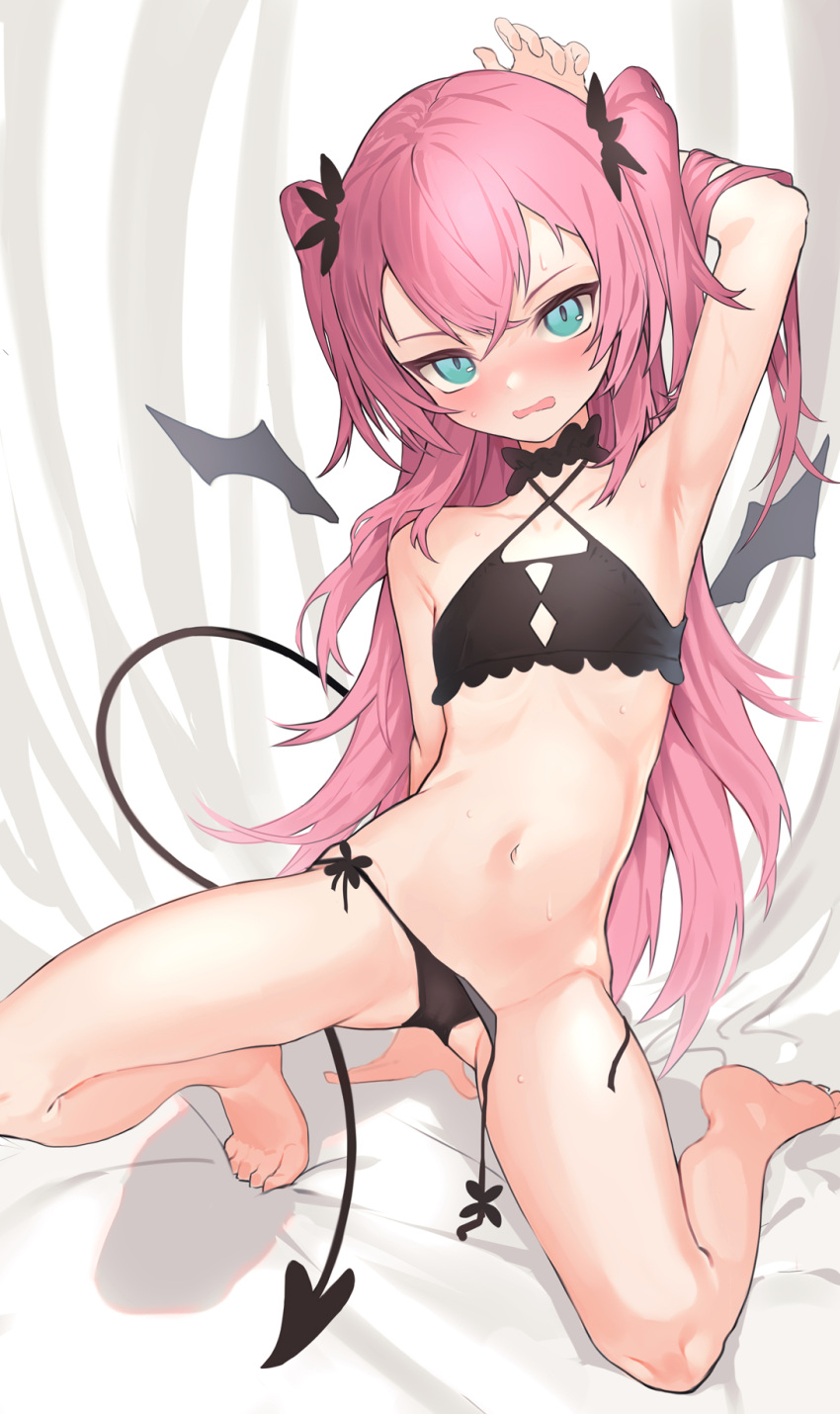 1girl arm_behind_head arm_up armpits ass_visible_through_thighs bangs bare_arms bare_legs bare_shoulders barefoot black_bra black_panties black_wings blue_eyes blush bra commentary_request demon_girl demon_tail demon_wings detached_wings groin hair_between_eyes highres long_hair looking_at_viewer madana_(xesa7885) navel original panties parted_lips pink_hair side-tie_panties soles solo tail two_side_up underwear untied untied_panties very_long_hair wavy_mouth wings