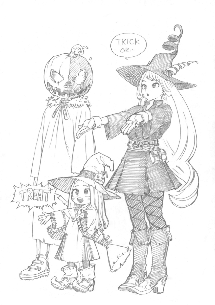 1boy 2girls absurdres boku_no_hero_academia boots broom commentary english_text eri_(boku_no_hero_academia) greyscale hadou_nejire halloween halloween_costume hat highres horikoshi_kouhei long_hair monochrome multiple_girls open_hands pumpkin pumpkin_on_head scarecrow simple_background sketch todoroki_shouto white_background witch witch_hat