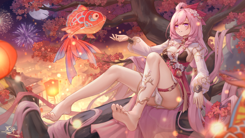 1girl :d absurdres architecture bangs barefoot breasts cherry_blossoms chinese_clothes cleavage east_asian_architecture elf elysia_(herrscher_of_human:ego)_(honkai_impact) elysia_(honkai_impact) feet fireworks flower full_body full_moon grin hair_flower hair_ornament highres honkai_(series) honkai_impact_3rd lantern legs long_hair long_sleeves moon night night_sky outdoors petals pink_eyes pink_flower pink_hair pointy_ears sky smile soles solo teeth temple thighs toes tree very_long_hair yelan_xing_xuan
