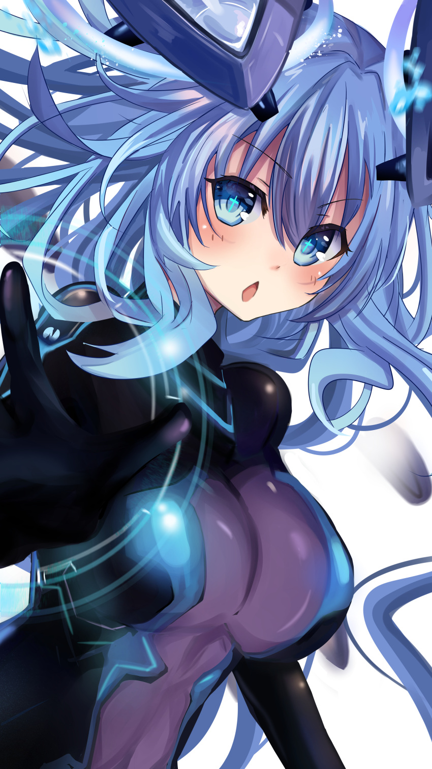 1girl absurdres bangs blue_eyes blush bodysuit breasts hair_between_eyes headgear highres long_hair looking_at_viewer misaki_(nounaikakusan) neptune_(series) next_purple open_mouth power_symbol purple_hair purple_heart skin_tight solo symbol-shaped_pupils very_long_hair