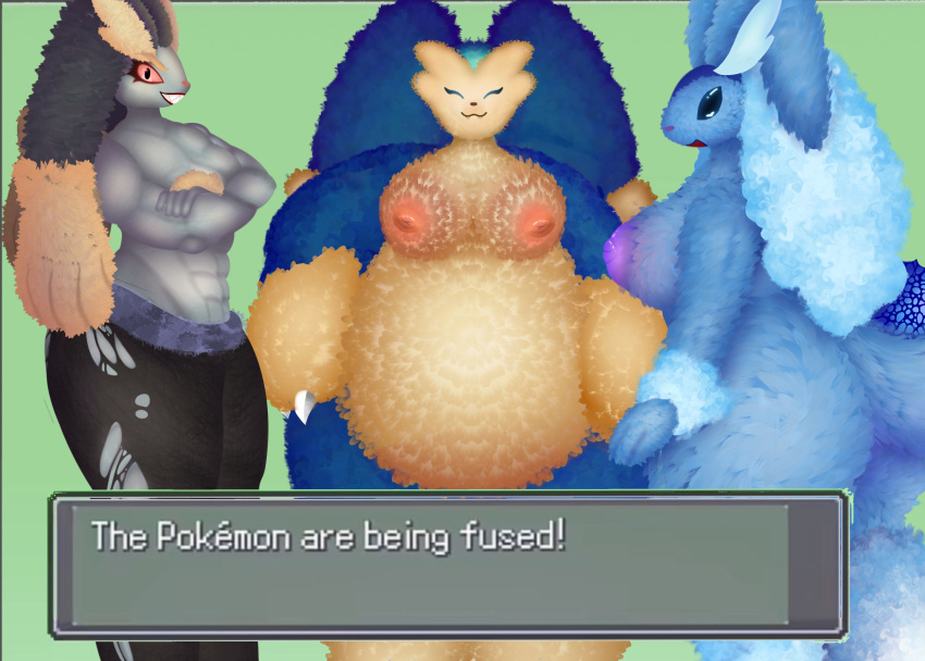 absurd_res anthro big_breasts blue_body breasts butt digital_media_(artwork) eeveelution eye_contact female fluffy fluffy_tail fur fusion generation_1_pokemon generation_4_pokemon group gynomorph hi_res humanoid hybrid intersex looking_at_another looking_at_viewer lopunny machamp nintendo nipples nude open_mouth overweight pokemon pokemon_(species) pokemon_fusion simple_background smile snorlax tail text trio vaporeon xenolith0