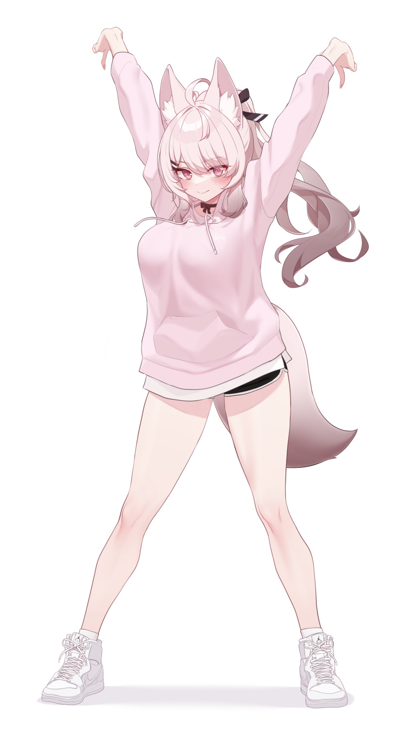 1girl absurdres animal_ear_fluff animal_ears arms_up bangs black_shorts blush breasts choker closed_mouth full_body highres large_breasts long_hair looking_at_viewer narynn original pink_eyes shoes short_shorts shorts simple_background smile solo standing tail thighs white_background white_footwear white_hair