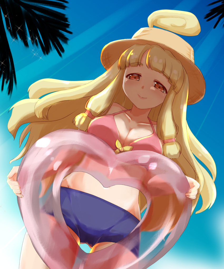 1girl bangs bare_legs bikini blonde_hair breasts cygames hahajima_fuwari_(shadowverse_flame) highres innertube large_breasts long_bangs long_hair looking_at_viewer mrsksmy orange_eyes shadowverse shadowverse_(anime) shadowverse_flame shorts swimsuit transparent