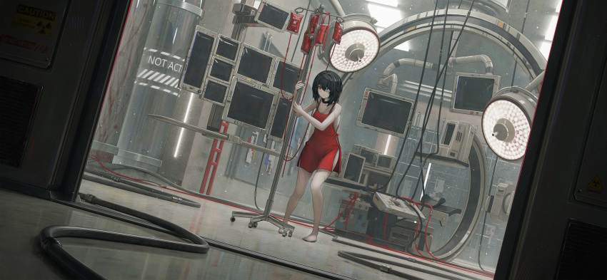 1girl absurdres aer7o bare_arms bare_shoulders barefoot black_collar black_hair blood blood_bag cable collar collarbone commentary_request dress english_text eyepatch highres indoors medical_eyepatch monitor original parted_lips radioactive red_dress red_eyes short_hair sign sleeveless sleeveless_dress solo standing