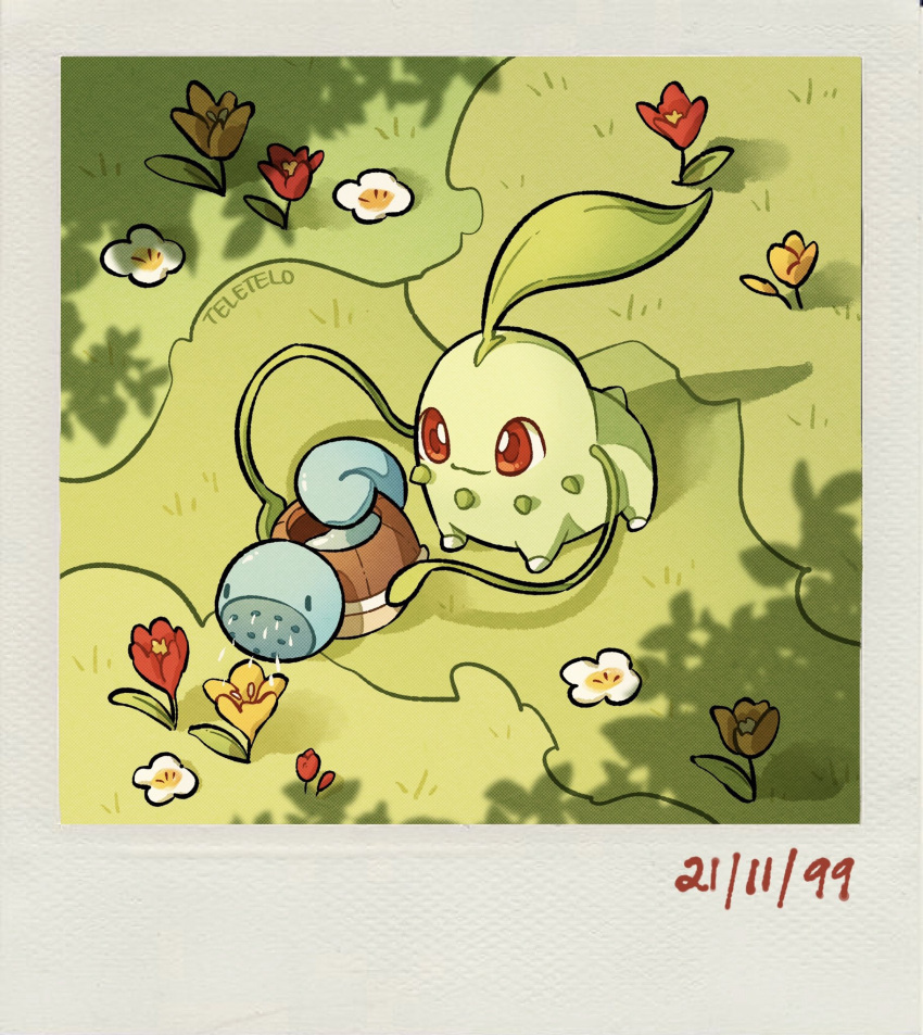 bangs chikorita dated duplicate flower from_above grass highres holding holding_watering_can no_humans orange_flower pokemon pokemon_(creature) red_eyes red_flower smile standing teletelo water watering_can white_flower