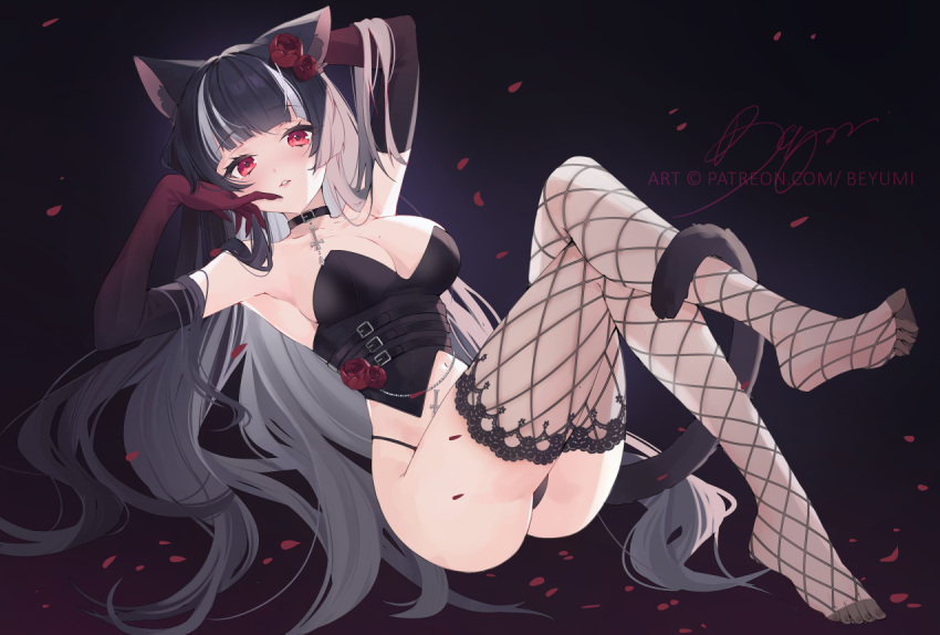 1girl animal_ears armpits bangs beyumi black_hair black_panties blunt_bangs breasts bustier cat_ears cat_tail cleavage collar elbow_gloves fishnet_thighhighs fishnets flower gloves gradient_background gradient_gloves hair_flower hair_ornament highleg highleg_panties large_breasts long_hair looking_at_viewer multicolored_hair navel original panties petals solo tail thighhighs two-tone_hair underwear white_hair