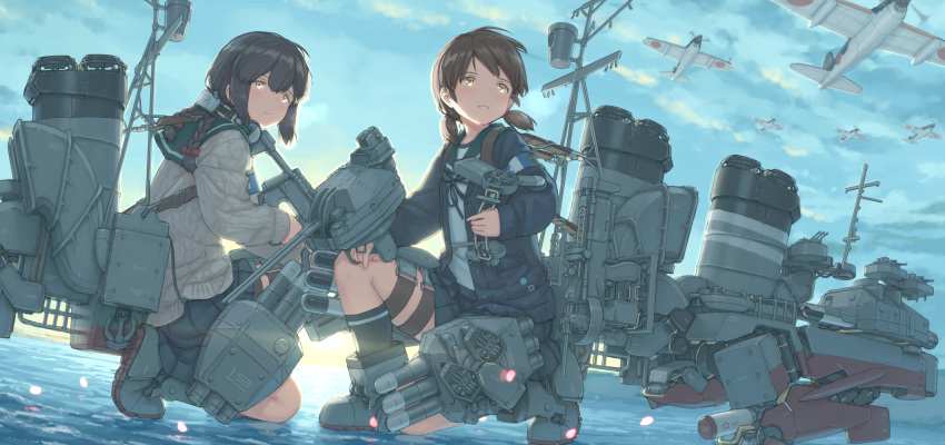 2girls aircraft black_cardigan black_hair black_skirt braid brown_eyes brown_hair cardigan closed_mouth green_sailor_collar hayashi_naoharu highres isonami_(kancolle) kantai_collection machinery multiple_girls ocean one_knee open_cardigan open_clothes open_mouth pleated_skirt rigging rudder_footwear sailor_collar school_uniform serafuku shirayuki_(kancolle) short_hair short_twintails skirt smokestack turret twin_braids twintails white_cardigan