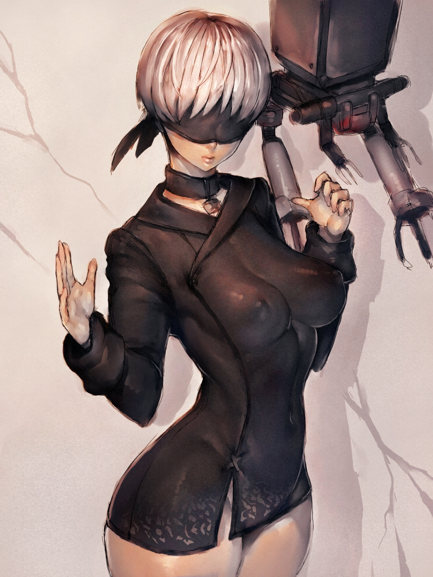 1girl black_blindfold black_coat blindfold breasts coat collar covered_navel covered_nipples facing_away fumio_(rsqkr) genderswap genderswap_(mtf) highres medium_breasts naked_coat nier:automata nier_(series) pod_(nier:automata) shadow short_hair solo white_hair wide_hips yorha_no._9_type_s