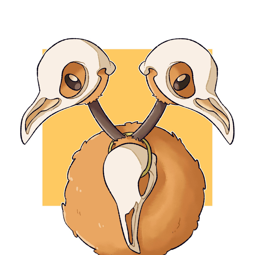 brown_sclera colored_sclera cosplay cubone cubone_(cosplay) doduo grey_background highres jewelry necklace no_humans orange_background outline pokemon pokemon_(creature) skull_necklace solo teletelo two-tone_background white_outline