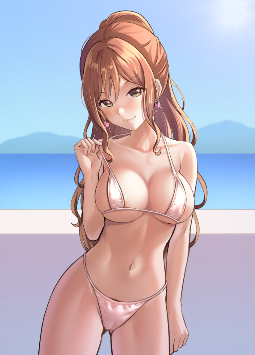 1girl :3 absurdres arm_at_side ass_visible_through_thighs bang_dream! bangs bare_arms bare_shoulders bikini blue_sky blush breasts brown_eyes brown_hair bunny_earrings cleavage closed_mouth collarbone commentary_request cowboy_shot day earrings hair_between_eyes half_updo halterneck hand_up highres imai_lisa jewelry large_breasts lifted_by_self long_hair looking_at_viewer micro_bikini mountainous_horizon ocean outdoors ptal sidelocks sky smile solo standing strap_lift string_bikini sun swimsuit wavy_hair white_bikini