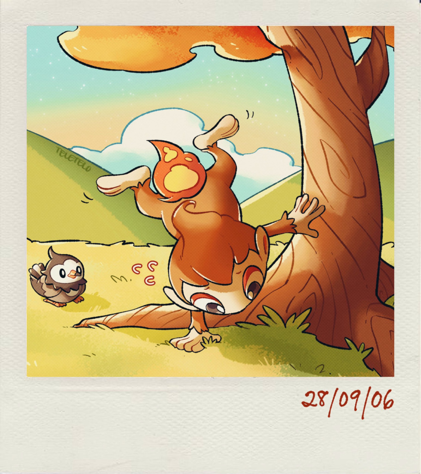 artist_name black_eyes chimchar cloud dated grass handstand highres hill looking_at_another one_arm_handstand outdoors pokemon pokemon_(game) starly teletelo tree