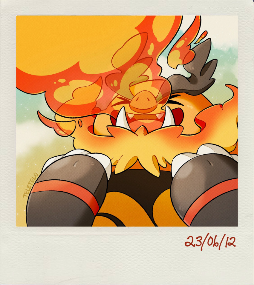 &gt;_&lt; :d breathing_fire closed_eyes dated emboar fangs fire hands_up highres multicolored_background open_mouth outdoors pokemon pokemon_(creature) shiny_skin smile starry_background teeth teletelo tusks