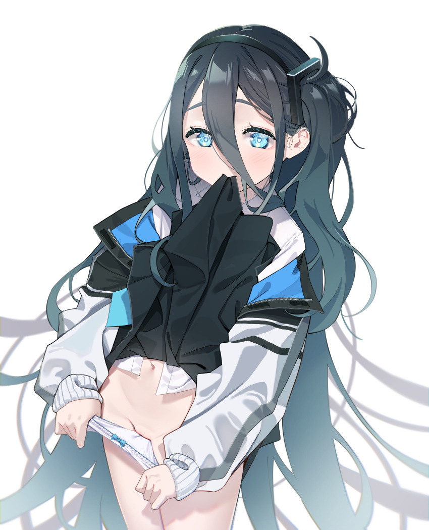 1girl absurdres agnamore aris_(blue_archive) bangs black_hair black_hairband black_skirt blue_archive blue_eyes blush bow bow_panties censored clothes_in_mouth clothes_lift collared_shirt groin hair_between_eyes hairband heart heart_censor highres jacket long_hair long_sleeves navel off_shoulder one_side_up open_clothes open_jacket panties panty_pull pleated_skirt puffy_long_sleeves puffy_sleeves pulled_by_self shirt simple_background skirt skirt_in_mouth skirt_lift sleeves_past_wrists solo underwear very_long_hair white_background white_jacket white_panties white_shirt