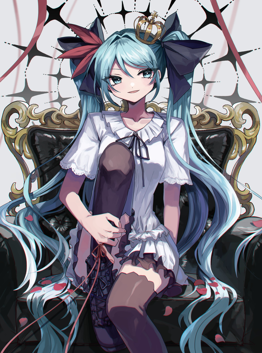 1girl absurdres aqua_eyes aqua_hair black_footwear black_ribbon blue_eyes blue_hair boots collarbone crown danjou_sora dress frilled_dress frills hair_ornament hair_ribbon hatsune_miku highres long_hair looking_at_viewer mini_crown parted_lips petals red_ribbon ribbon rose_petals sitting smile smug solo starry_background string string_of_fate thighhighs throne twintails very_long_hair vocaloid white_background white_dress world_is_mine_(vocaloid) zettai_ryouiki