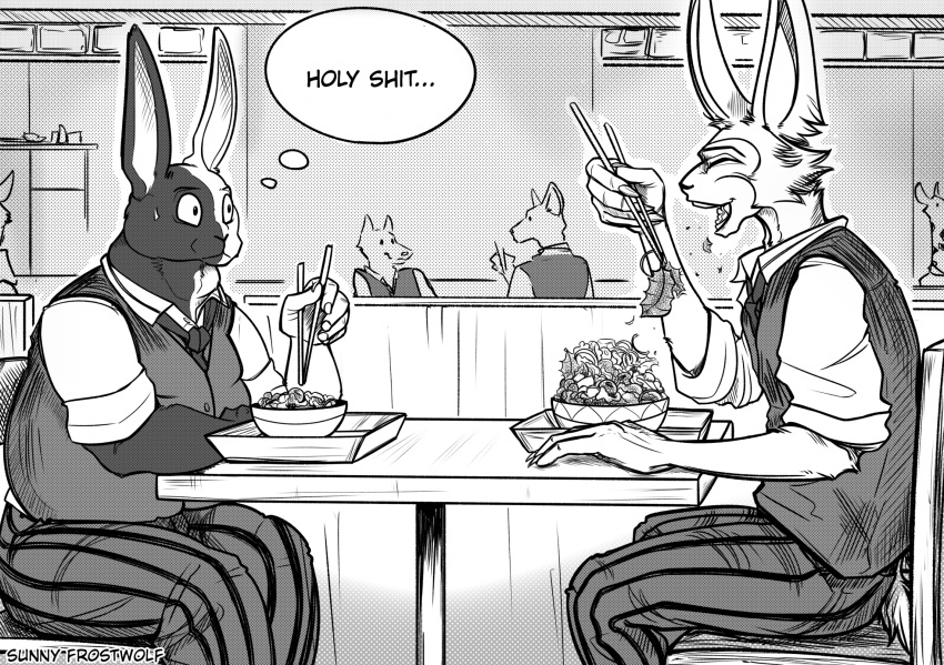 anthro background_character beastars clothing domestic_rabbit duo eating fan_character food harlequin_rabbit hi_res hybrid lagomorph lee_(greatlizardwizard) legoshi's_chimera_(beastars) leporid lunch male mammal oryctolagus oscar_(greatlizardwizard) profanity rabbit salad school_uniform sunny_frostwolf thought_bubble uniform