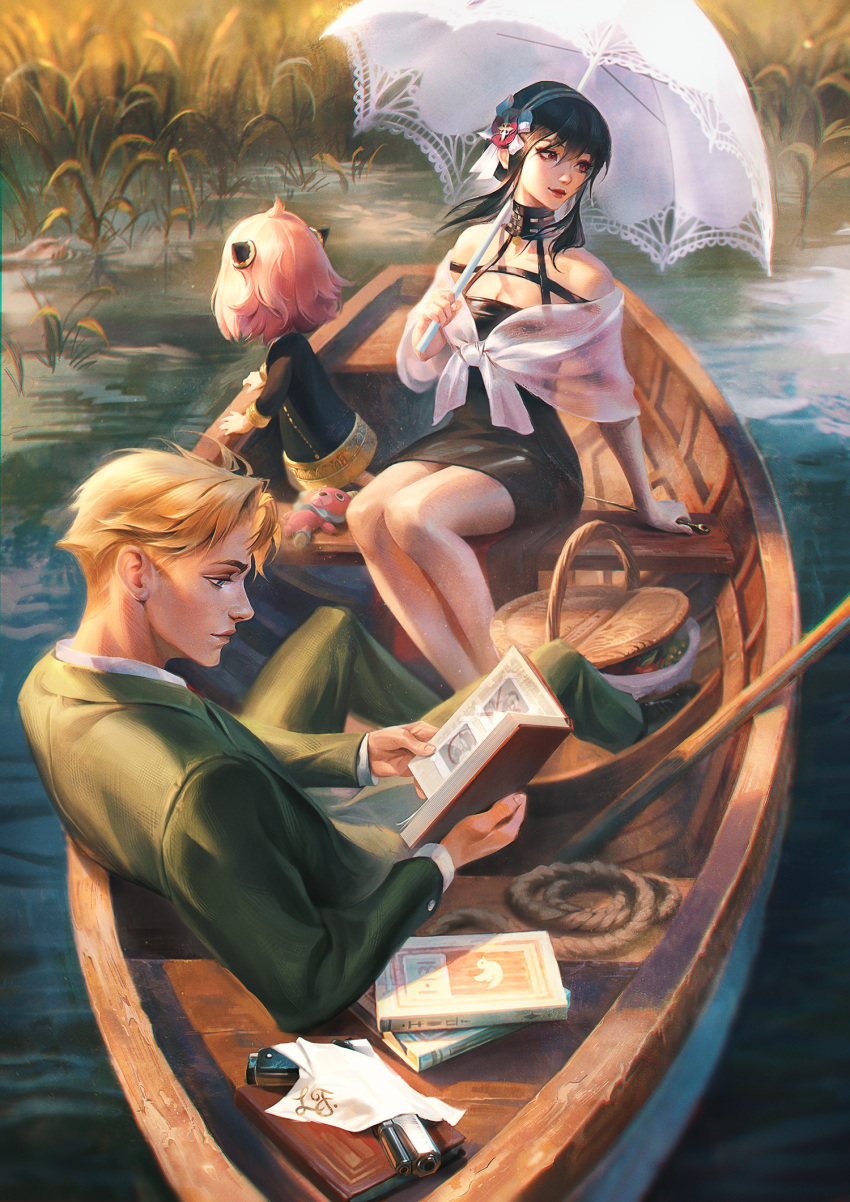 1boy 2girls anya_(spy_x_family) asphyxiation bare_shoulders basket black_choker black_dress black_footwear blonde_hair blue_eyes boat book breaking_bad breasts choker cleavage closed_mouth collarbone cone_hair_bun dagger death director_chimera_(spy_x_family) dress drowning eden_academy_school_uniform female_child formal frilled_umbrella frills gigachad_(meme) green_pants green_suit gun hair_bun hairband hairpods hand_rest handgun highres holding holding_book holding_dagger holding_knife holding_umbrella holding_weapon husband_and_wife knife lake long_sleeves looking_away looking_to_the_side meme multiple_girls napkin open_book pants parasol partially_submerged picnic_basket pink_hair reading red_circle red_eyes red_lips red_tie rope rowboat school_uniform shirt short_hair_with_long_locks sitting sleeveless spy_x_family stiletto_(weapon) stuffed_toy submerged suit twilight_(spy_x_family) umbrella walter_white watercraft weapon white_hairband white_shirt white_umbrella yor_briar zoe_(crownsforkings)