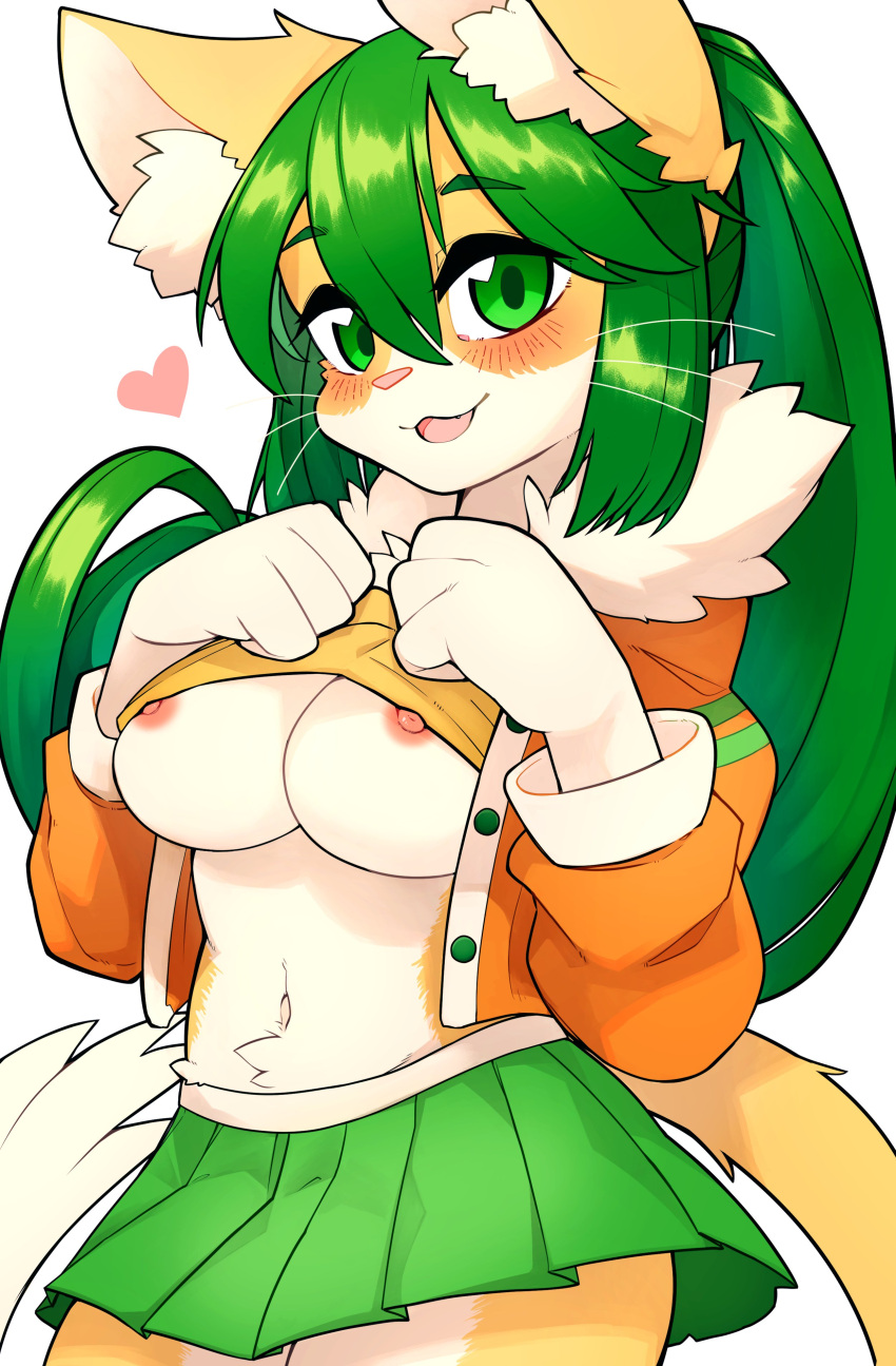 &lt;3 2023 absurd_res anthro areola bottomwear breasts clothed clothing clothing_lift cute_fangs digital_media_(artwork) domestic_cat felid feline felis female female_anthro fur green_eyes green_hair hair hi_res kemono long_hair looking_at_viewer mammal midriff navel nipples open_mouth pink_nose portrait shirt shirt_lift skirt solo sundyz tail three-quarter_portrait tongue topwear under_boob whiskers white_body white_fur yellow_body yellow_fur yellowparrottw