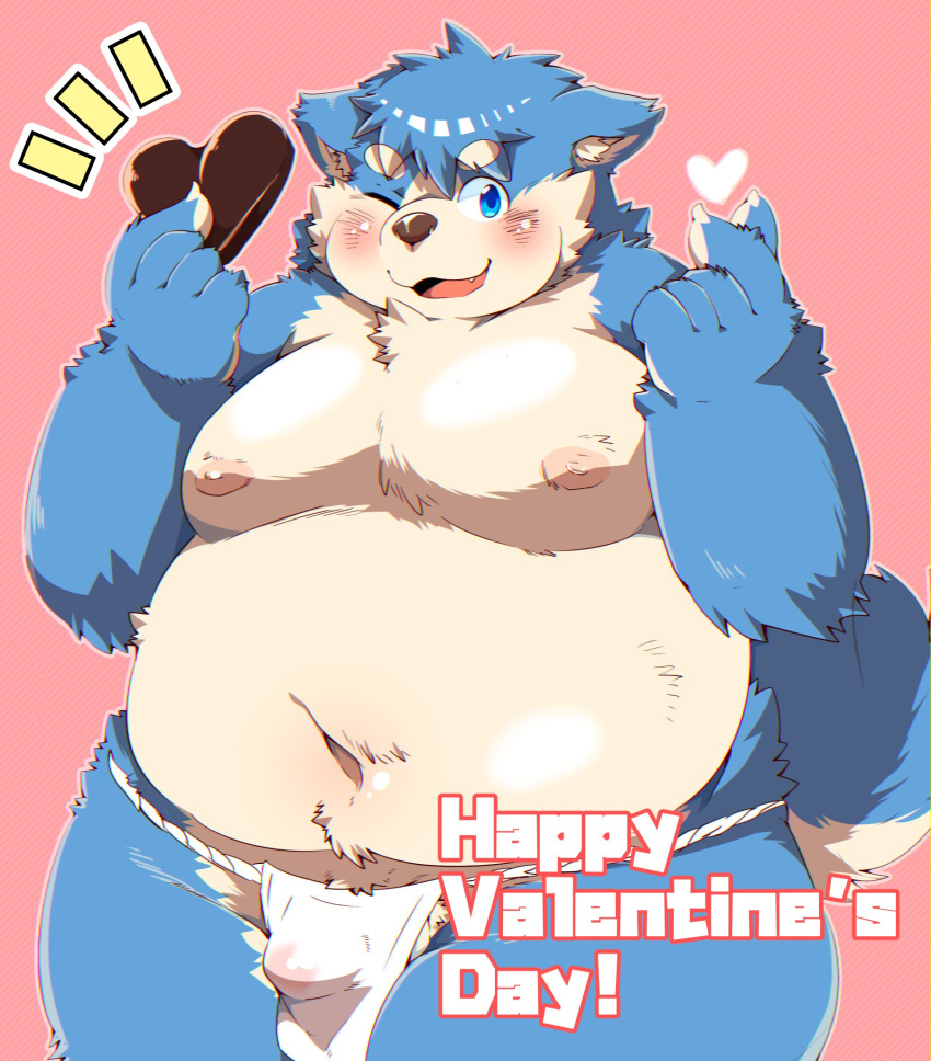 &lt;3 2023 anthro asian_clothing belly big_belly blue_body blue_eyes blush candy canid canine canis chocolate clothing dessert domestic_dog east_asian_clothing english_text food fundoshi hi_res holidays japanese_clothing kemono male mammal moobs navel nipples one_eye_closed overweight overweight_male simple_background solo text tsurugi underwear valentine's_day white_clothing white_fundoshi white_underwear wink