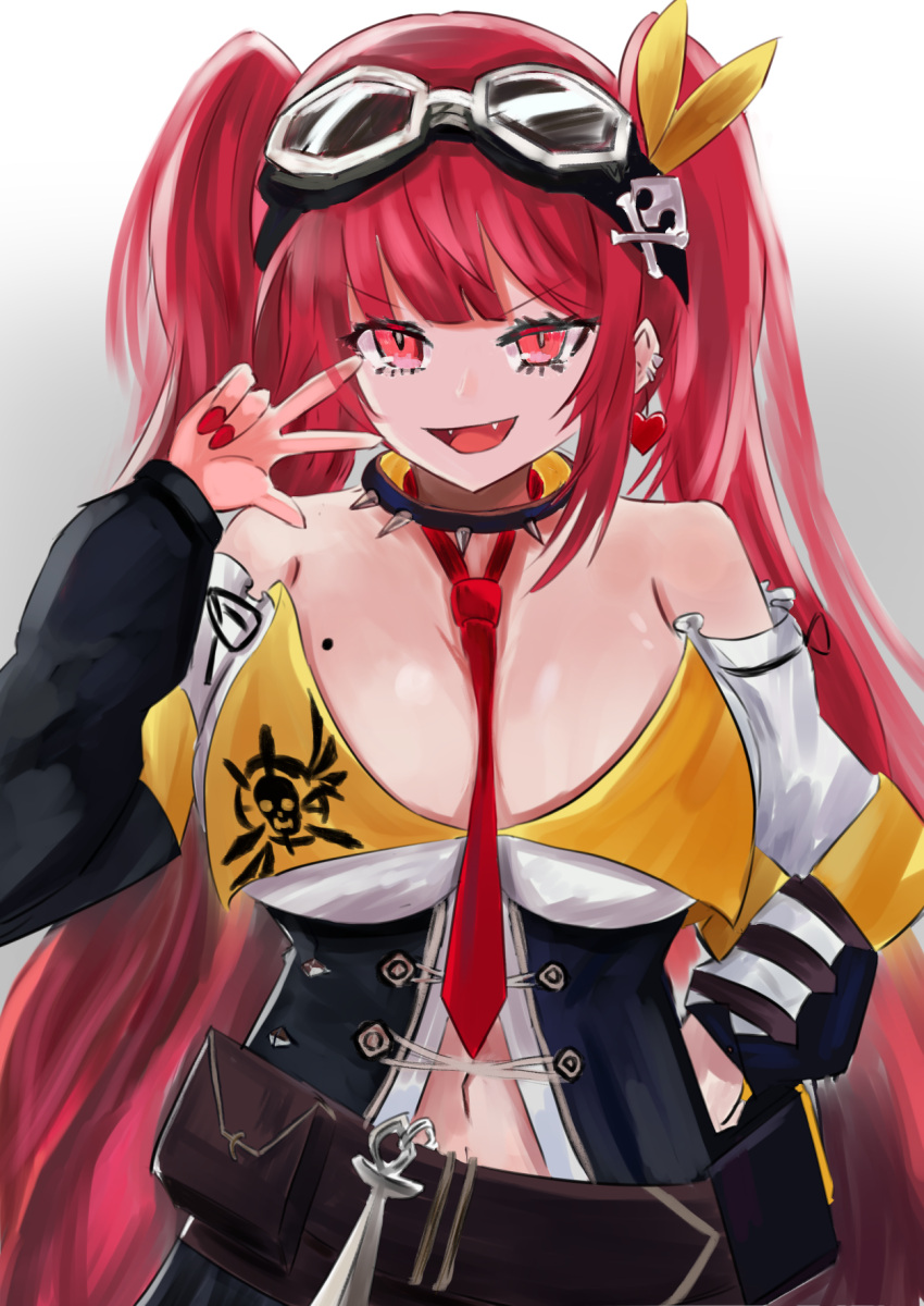 1girl belt belt_buckle breasts buckle chain choker cleavage collared_shirt cygames ear_piercing earrings fingernails goggles goggles_on_head hair_ornament hand_on_hip harekaz heart heart_earrings highres jewelry long_hair medium_breasts mole mole_on_breast nail_polish navel necktie off-shoulder_shirt off_shoulder piercing puffy_sleeves red_eyes red_hair ribbon shadowverse shirt single_earring skull_hair_ornament sleeves_past_wrists smile spikes tidal_gunner_(shadowverse) twintails very_long_hair