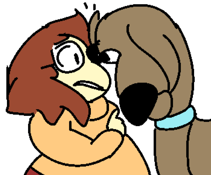 2022 big_nose black_eyes black_nose blue_collar brown_body brown_fur brown_hair canid canine canis chubby_female chubby_human clothed clothed_female clothed_human clothing collar collar_only colored digital_drawing_(artwork) digital_media_(artwork) domestic_dog duo emanata eye_contact eyebrows eyewear face_to_face female feral fur glasses great_dane hair hanna-barbera head_down human humor light_body light_skin looking_at_another male mammal mastiff molosser noseless nude nude_male orange_clothing orange_sweater orange_topwear pipca scooby-doo scooby-doo_(series) side_view simple_background slightly_chubby snout stare sweater thick_eyebrows topwear uncomfortable velma_dinkley white_background