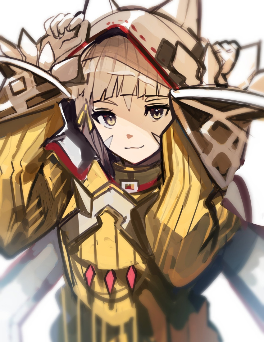 1girl animal_ears bangs blunt_bangs brown_eyes brown_hair cat_ears cat_girl closed_mouth facepaint gloves highres jumpsuit long_sleeves looking_at_viewer nia_(xenoblade) short_hair simple_background sketch smile solo tarbo_(exxxpiation) upper_body white_background white_gloves xenoblade_chronicles_(series) xenoblade_chronicles_2 yellow_jumpsuit