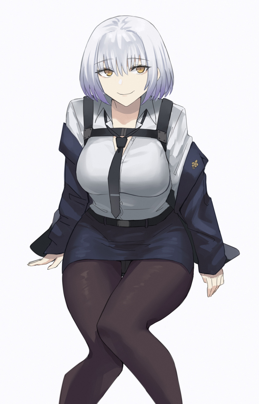 1girl asakiri_koko belt black_necktie black_pantyhose blue_coat blue_skirt bob_cut breasts chest_harness coat commentary_request feet_out_of_frame girls'_frontline hair_between_eyes harness highres large_breasts looking_at_viewer morridow_(girls'_frontline) necktie off_shoulder pantyhose paradeus partial_commentary partially_unbuttoned shirt simple_background sitting skirt smile solo white_background white_shirt yellow_eyes