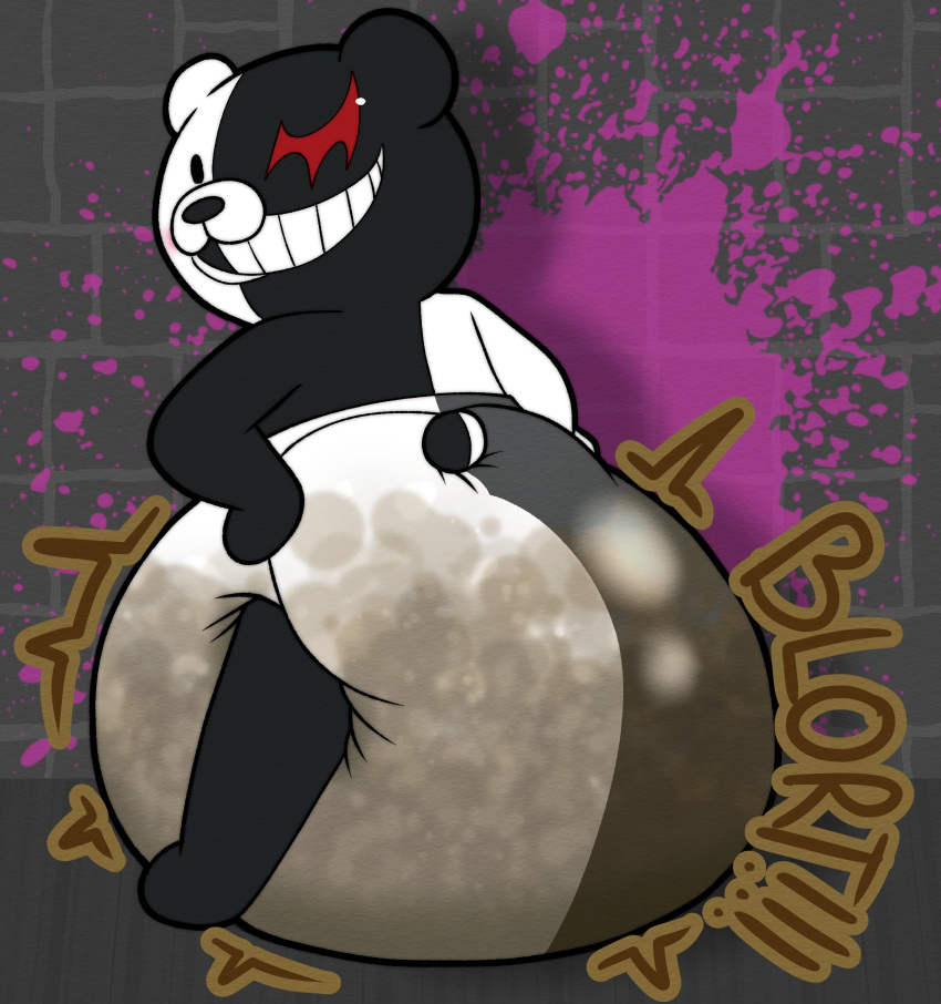 2022 absurd_res anthro bear big_diaper black_body black_eyes black_nose blush clothed clothing danganronpa diaper diaper_fetish diaper_only feces full_diaper genetic_chimerism grin hand_on_diaper hi_res law_azure looking_back male mammal messy_diaper monokuma multicolored_body pooping red_eyes smile soiled_diaper soiling solo sound_effects split_color standing teeth topless touching_diaper two_tone_body white_body