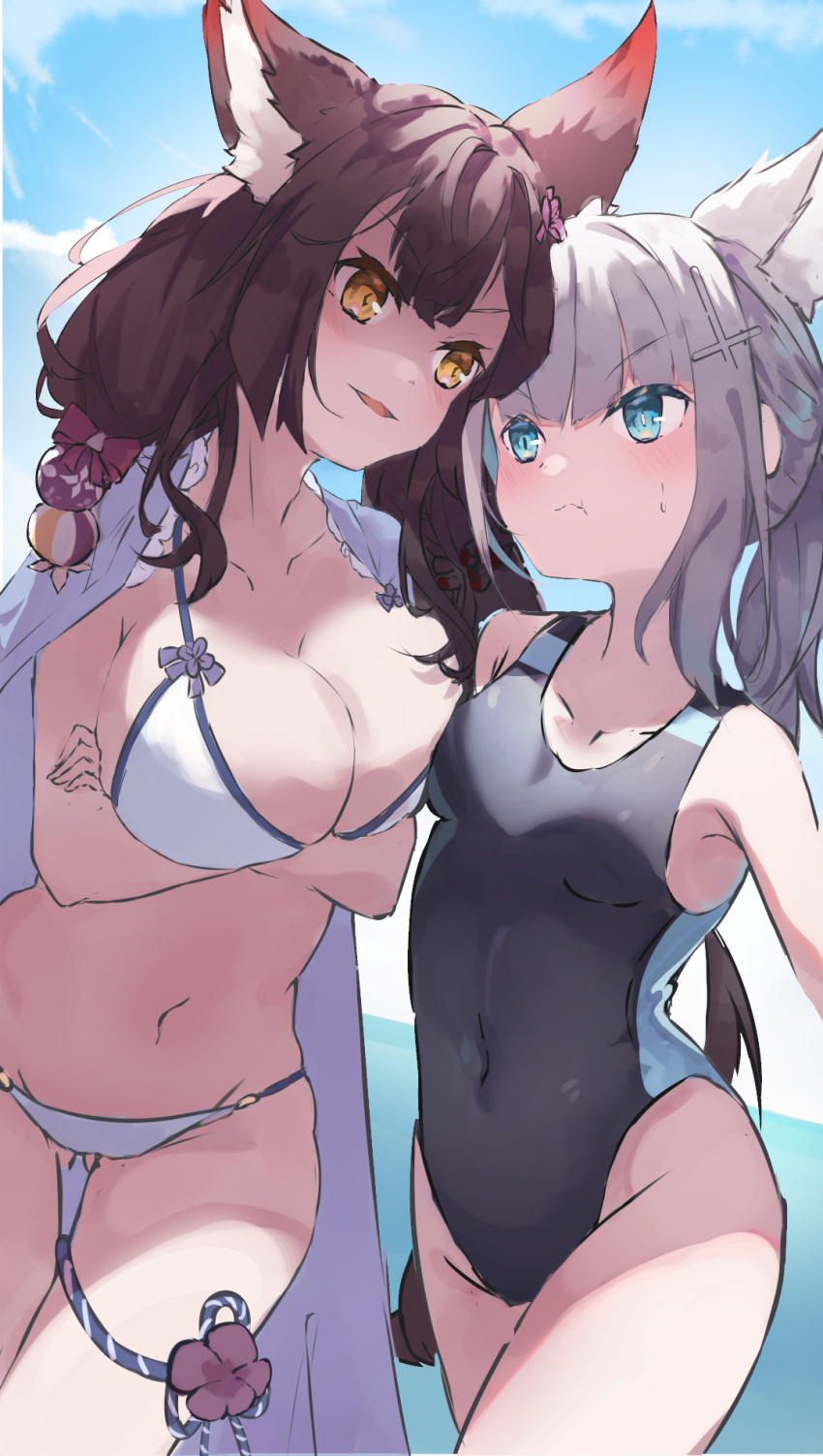 2girls animal_ear_fluff animal_ears asymmetrical_bangs asymmetrical_docking bangs bikini black_hair black_one-piece_swimsuit blue_archive blue_eyes blunt_ends breast_envy breast_press breasts clothes_on_shoulders colored_inner_hair competition_swimsuit covered_navel cowboy_shot cross_hair_ornament crossed_arms elxion extra_ears fox_ears grey_hair hair_ornament halo highres large_breasts low_ponytail medium_hair mismatched_pupils multicolored_clothes multicolored_hair multicolored_swimsuit multiple_girls one-piece_swimsuit red_hair robe shiroko_(blue_archive) shiroko_(swimsuit)_(blue_archive) small_breasts string_bikini swimsuit two-tone_hair wakamo_(blue_archive) wakamo_(swimsuit)_(blue_archive) white_bikini white_robe yellow_eyes