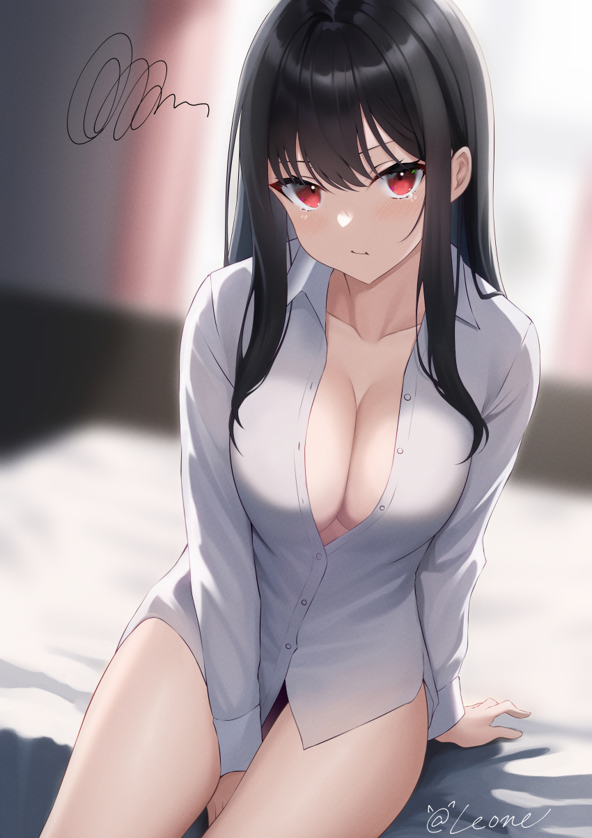 1girl absurdres bangs black_hair blunt_bangs blurry blurry_background blush breasts cleavage collarbone commentary_request dress_shirt highres large_breasts leone_(kamina0205) long_hair looking_at_viewer naked_shirt no_bra original partially_unbuttoned red_eyes shirt solo tears white_shirt