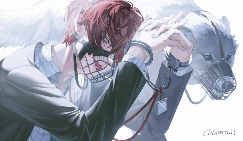 1boy black_jacket calamitail collared_shirt green_eyes green_hair highres hypnosis_mic jacket kannonzaka_doppo long_sleeves looking_at_viewer male_focus multicolored_hair muzzle red_hair shirt short_hair solo tongue tongue_out white_background white_shirt wolf